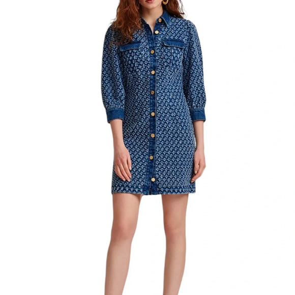 Essentiel Antwerp Dark blue perforated denim puffed sleeves mini dress Size 6 - Picture 1 of 12